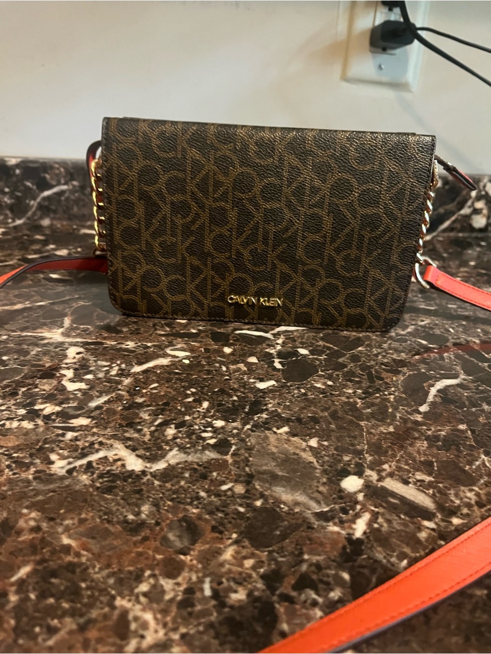 Calvin Klein Brown Monogram Crossbody with Red Strap